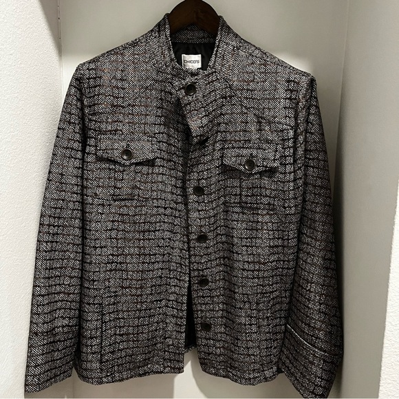 Chicos Blazer Coat Women Brn Tweed Plaid Button Band Collar Pocket Structure Sz3 - Picture 5 of 12